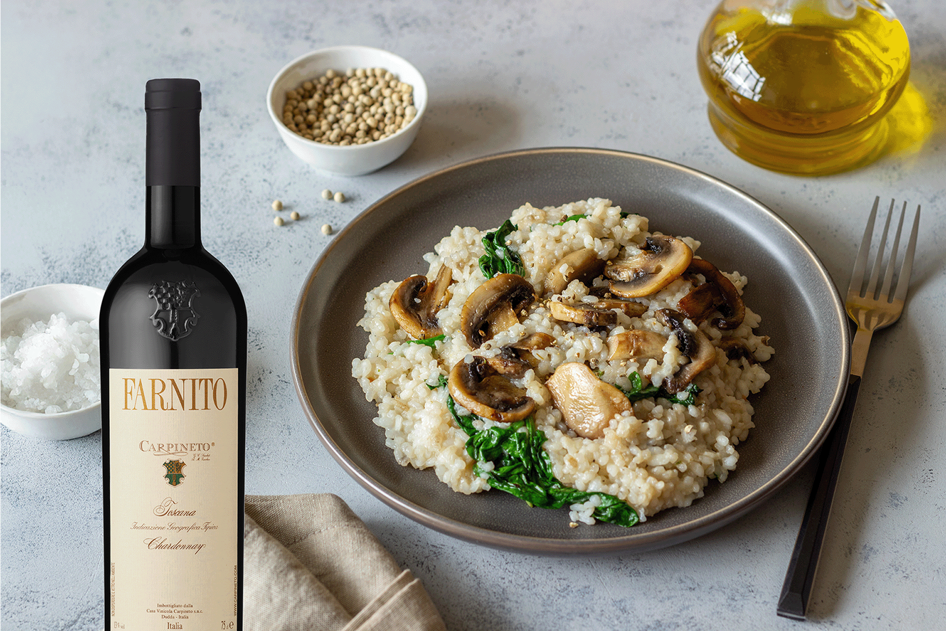 <p>Profumo di transizione: Farnito Chardonnay e risotto ai funghi e timo e limone</p>
