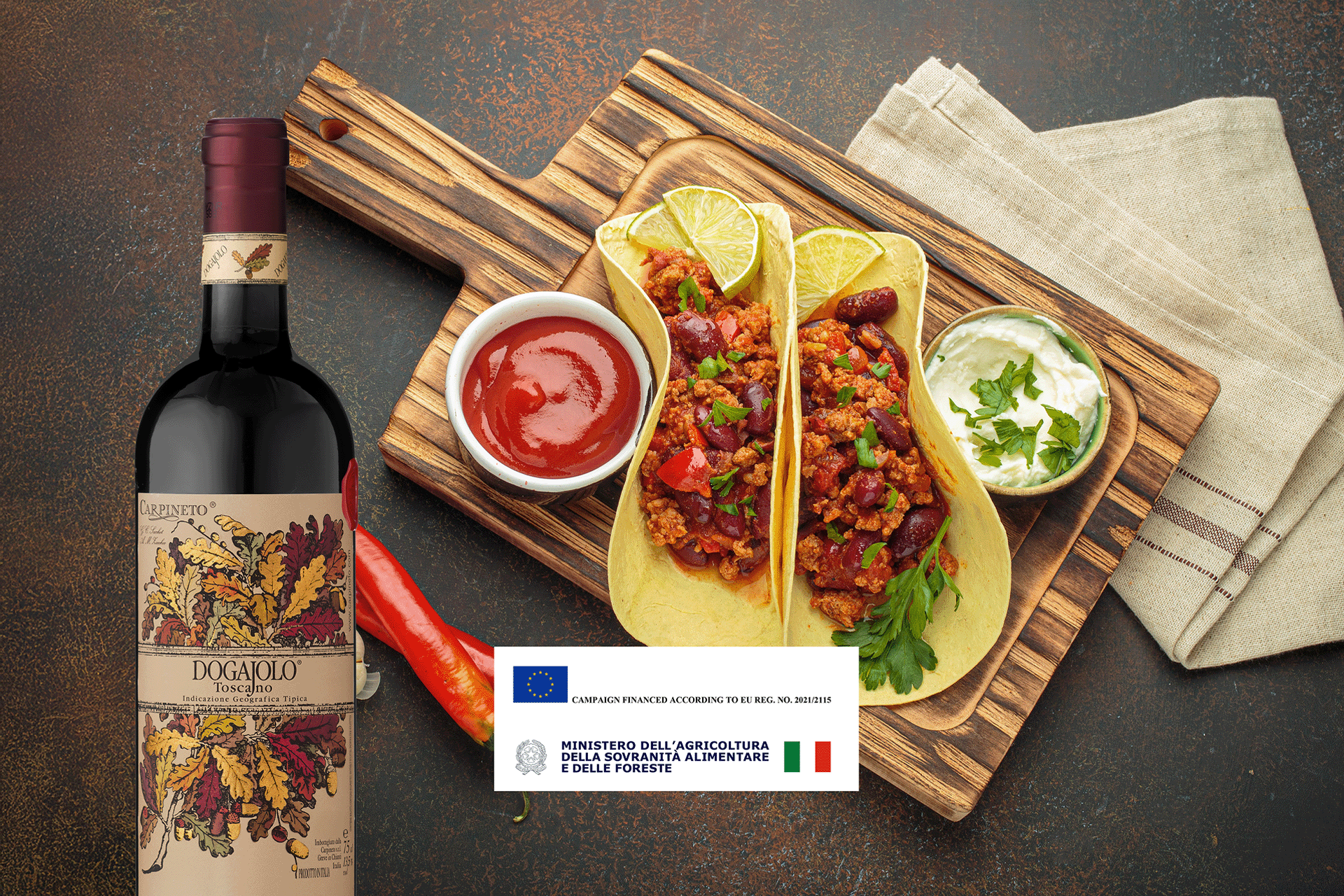 <p>Light Red, Bold Taste: Dogajolo Rosso and Roasted Pepper Vegetarian Tacos</p>
