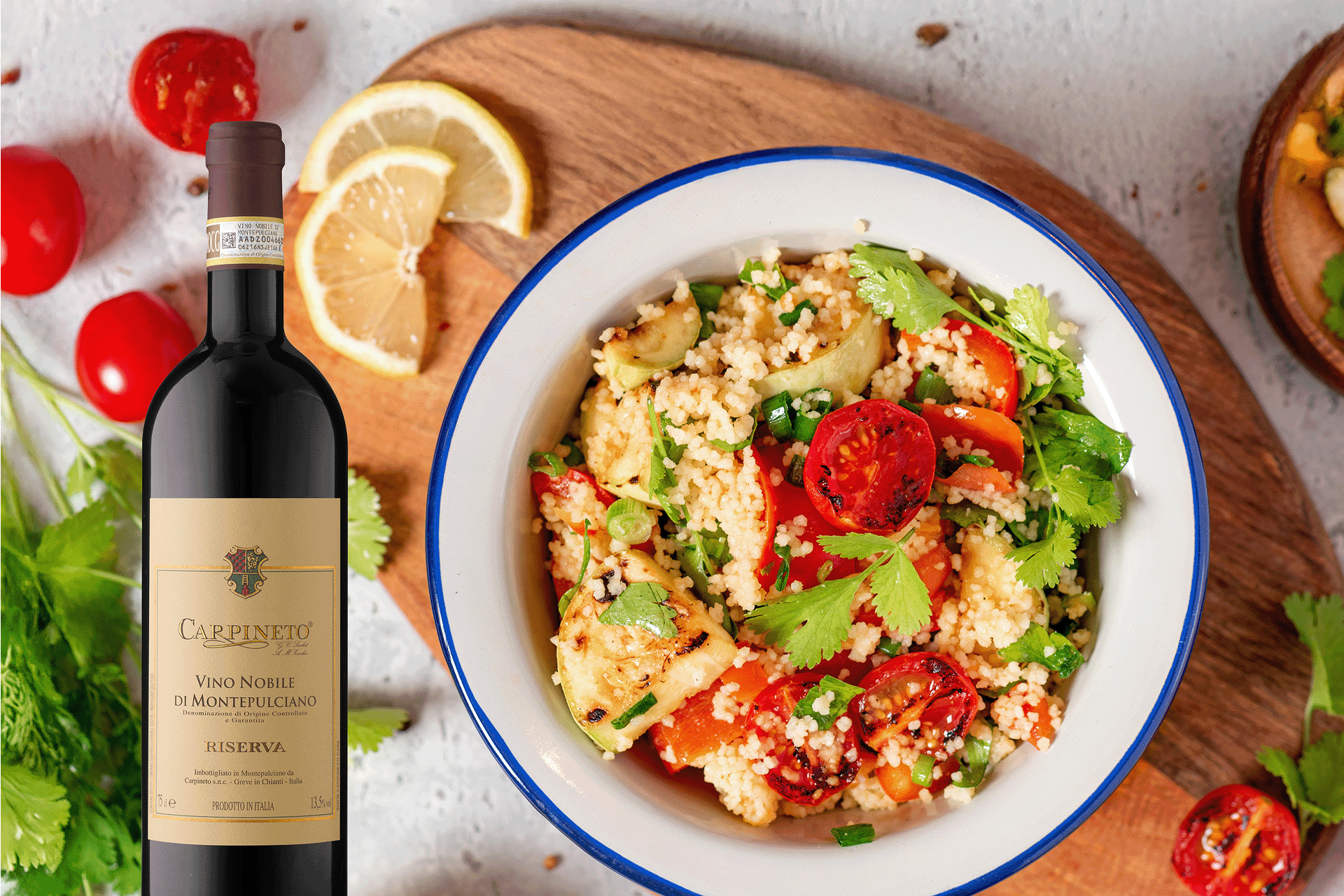 Vellutato e mediterraneo: Vino Nobile di Montepulciano e cous cous alle verdure arrosto e datteri

<br />
 

